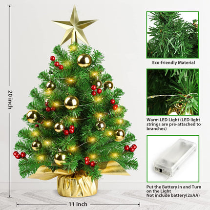 20" Mini Christmas Tree, Artificial Prelit Small Christmas Tree, Tabletop Christmas Tree Decorations with Warm Lights, Treetop Star, Gold Ornaments, Red Berries and Cloth Bag Base