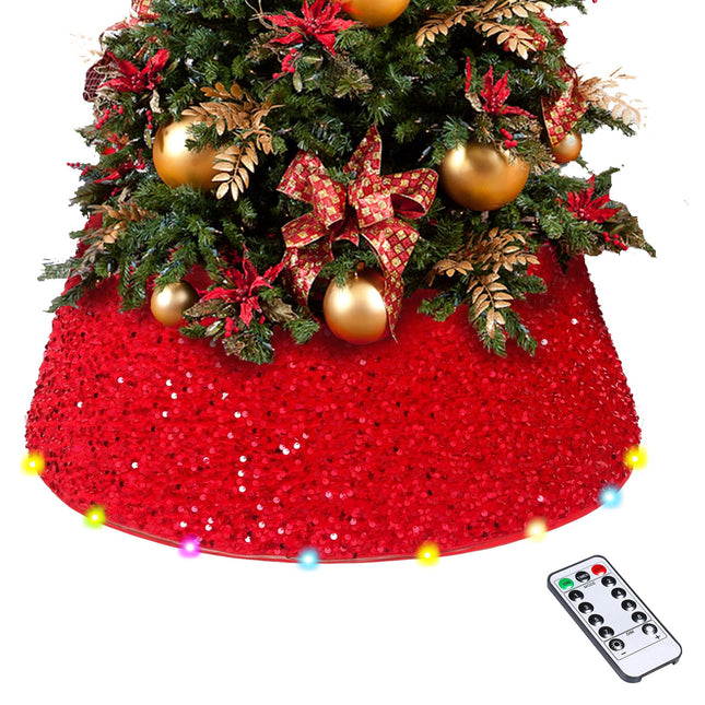 Christmas Tree Skirts Christmas Tree Bottom Cover Decoration with 8 Light Modes 30 LED Lights 28.3Inch Red Sequin Christmas Tree Collar Colored Light for Holiday Decoration Party