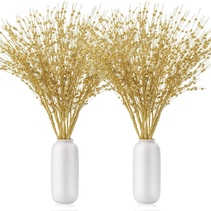 Geosar 14 Pcs Long Artificial Glitter Berry Stem Ornaments 28 Inch Fake Christmas Picks Christmas Tree Decoration Stems Xmas Decorative Bead Sticks Glittery Twig Branches for DIY Wreath Decor (Gold)