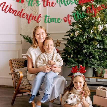 Red Green Glitter It's The Most Wonderful Time of The Year Banner with Holly Berry Xmas Tree Bells Christmas Holiday Party Banner Merry Christmas Holly Jolly Winter Party Mantle Decorations
