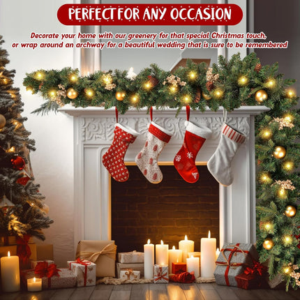 9 ft Christmas Garland, VELOMA Pre-lit Garland with 50 Warm Lights, Classic Green Christmas Garland with 340 Branch Tips