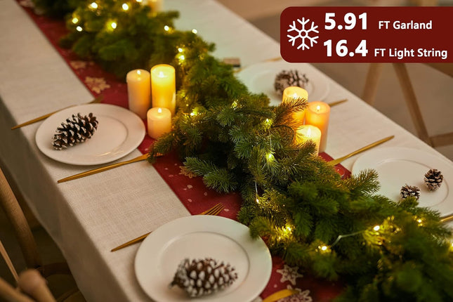 6FT Christmas Garland PARTY JOY Pine Garland with 9.8FT LED Lights String, Greenery Plant for Christmas Decorations Table Mantle Background Wall Room Outdoor Indoor Winter Decoration