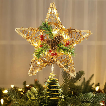 Brizled Christmas Tree Star, 10'' Rattan Christmas Tree Topper with 30 LED Lights, Battery Powered Xmas Treetop with Red Berries & Pine Cones, Christmas Tree Top Ornament for Christmas Tree Home Decor