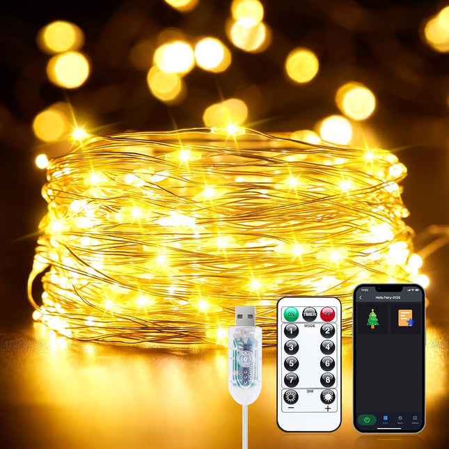 Smart USB Fairy Lights Plug in, 33Feet 100LEDs Bluetooth Twinkle Lights with Timer and Remote, App Control Starry String Lights for Wreath Wedding Party Indoor Christmas Decoration, Warm White
