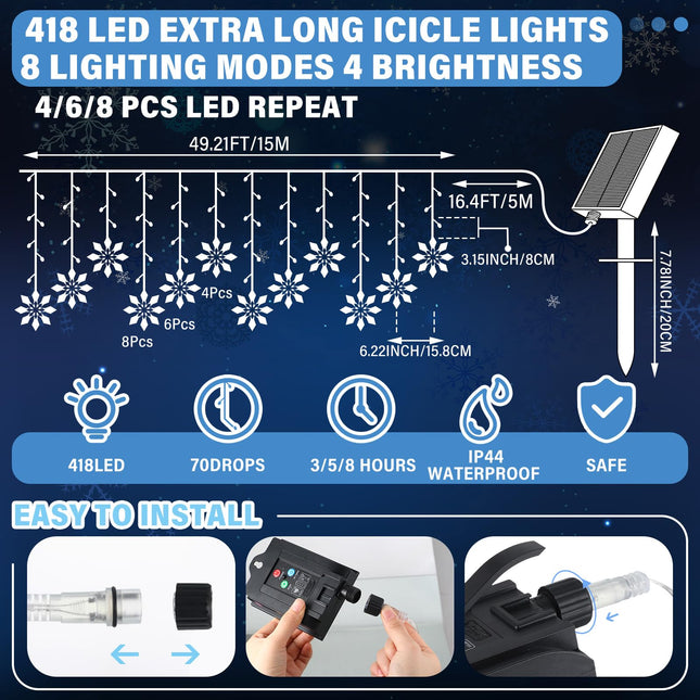 Retisee 600 LED 49.21ft Christmas Snowflake Solar Icicle Lights Outdoor Decoration Waterproof Cold White Light Fairy String LED Light with 96 Drops 8 Lighting Modes with Timer Memory Winter Holiday