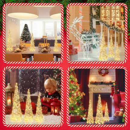 Set of 3 Christmas Cone Tree Lighted, Outdoor Small Artificial Christmas Tree with 70 LED Light, Glittered Tabletop Xmas Tree for Indoor Ornaments