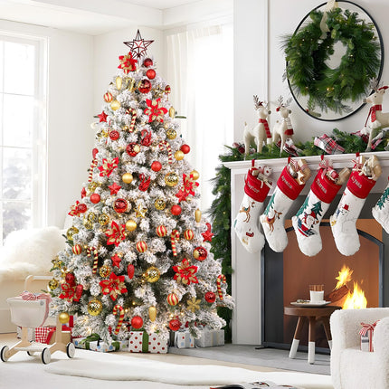 128pcs Christmas Balls Ornaments Set, Shatterproof Plastic Baubles Christmas Flowers, Ribbon and Tree Topper for Xmas Tree Holiday Wedding Party Decorations with Hanging Strings, Red and Gold