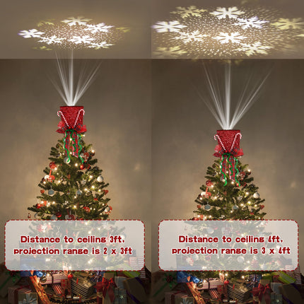 Lewondr Christmas Tree Topper Hat Projector, Snowman Hat Tree Topper with Snowflake Projector Light, Decorative Elf Hat Tree Topper for Xmas Tree Year Holiday Party Winter Home Decoration, Red