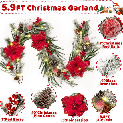 Christmas Garland Decorations, 5.9 FT Real Touch Pine Garland with Red Poinsettias, Flocked Christmas Garland with Red Berries Balls Pinecones for Mantle Front Door Fireplace Table Decor