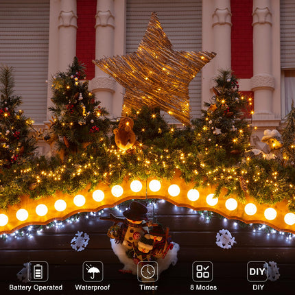DBFAIRY 2 Pack-16.4ft Outdoor Christmas Tree String Lights 50 Warm White LEDs Battery Operated with Remote Control Green Cable 8 Modes Changing for Bedroom Party Xmas Patio Decor