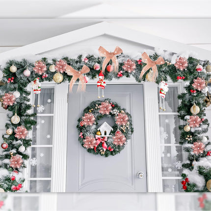 Yeshone 20 Pcs Christmas Glitter Poinsettia Faux Flowers with 30 ft Christmas Mesh Ribbon Rolls Christmas Tree Ornament Christmas Flowers Xmas Tree Wreaths Decor for Christmas Wedding(Rose Gold)