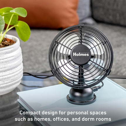 Holmes 4 Mini Heritage Desk Fan, UsbPowered, Single Speed, 4 Blades, Adjustable 100° Head Tilt, Metal Construction, Ideal