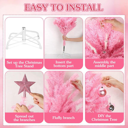 34 Pieces Christmas Tree Decorations Include 4 ft Artificial Christmas Tree with Metal Feet, String Lights, 31 Small Accessories for Home Christmas Party Decoration (Pink)