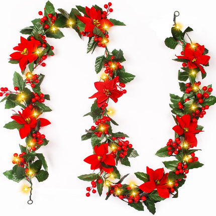 Christmas Garland with Lights Indoor Christmas Decorations Pre-Lit Artificial Christmas Garland for Christmas Tree Fireplace Staircase 6FT Poinsettias Holly Leaves Red Berries