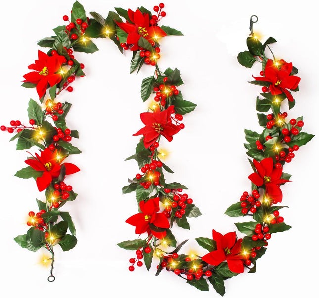 Christmas Garland with Lights Indoor Christmas Decorations Pre-Lit Artificial Christmas Garland for Christmas Tree Fireplace Staircase 6FT Poinsettias Holly Leaves Red Berries