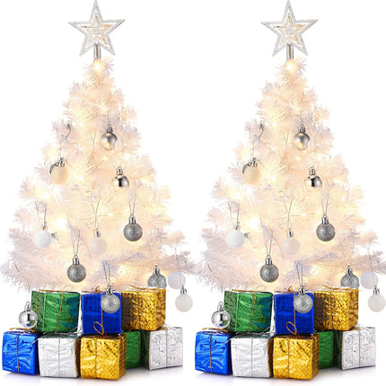 Hotop 2 Pcs Small White Tabletop Christmas Tree with LED Lights DIY Mini Christmas Tree with Hanging Ornaments Star Treetop Decorated Boxes for Christmas Decor