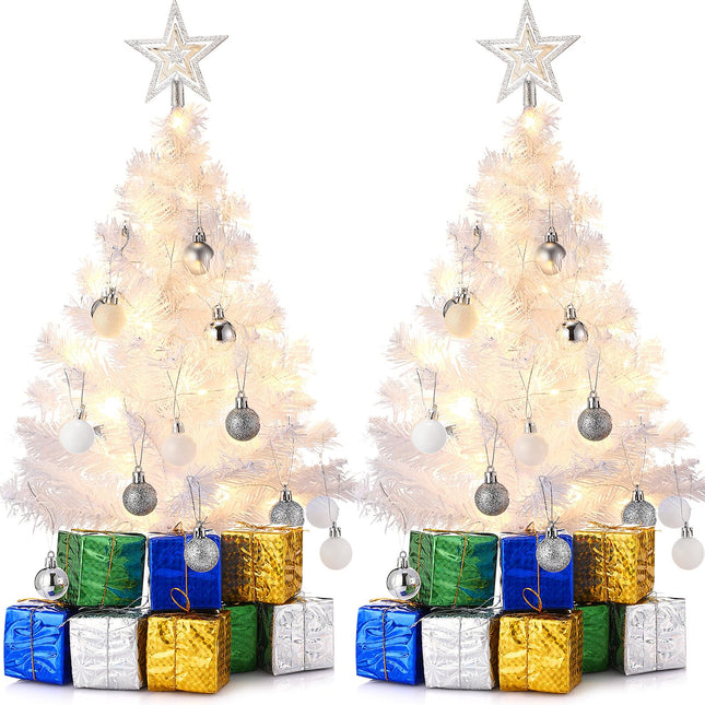 Hotop 2 Pcs Small White Tabletop Christmas Tree with LED Lights DIY Mini Christmas Tree with Hanging Ornaments Star Treetop Decorated Boxes for Christmas Decor