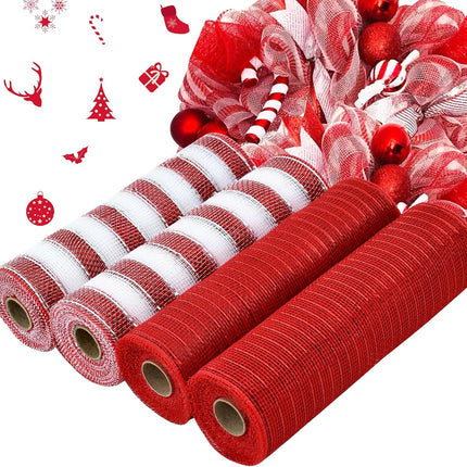 TONIFUL 4 Roll 10 Inch Red Striped Decorative Mesh Ribbon Rolls, Fabric Mesh with Foil for Wreaths Front Door Decor Christmas Festival Party Accessories Party Decoration Supplies (10yds/roll）