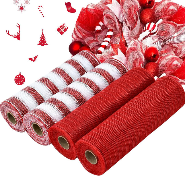 TONIFUL 4 Roll 10 Inch Red Striped Decorative Mesh Ribbon Rolls, Fabric Mesh with Foil for Wreaths Front Door Decor Christmas Festival Party Accessories Party Decoration Supplies (10yds/roll）