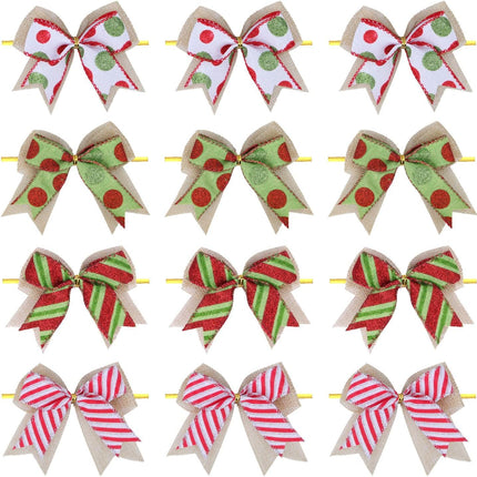 12 Pcs Christmas Candy Bow 4 Inch Burlap with Red and Green Dot Bows Glitter Stripe Candy Cane Lollipop Peppermint Wreath Bows for Xmas Door Garland DIY Candy Themed Party Supplies (Christmas)