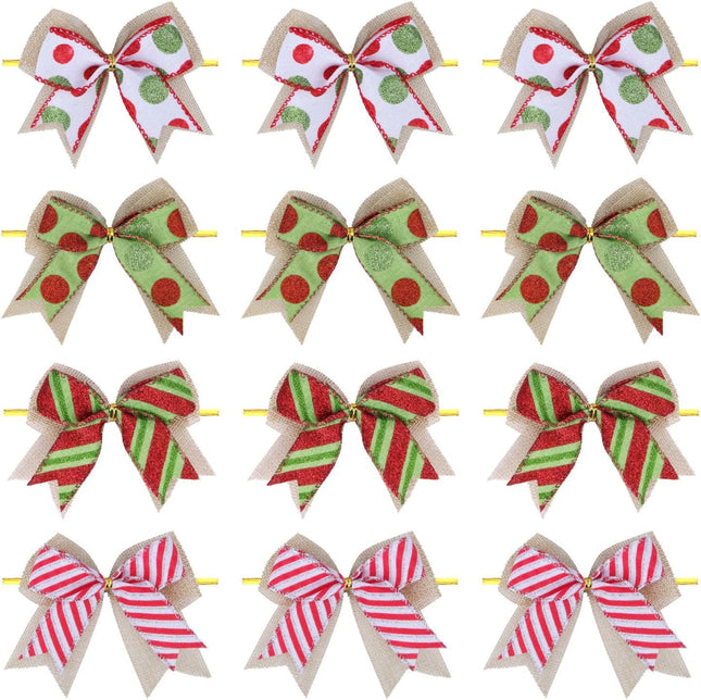 12 Pcs Christmas Candy Bow 4 Inch Burlap with Red and Green Dot Bows Glitter Stripe Candy Cane Lollipop Peppermint Wreath Bows for Xmas Door Garland DIY Candy Themed Party Supplies (Christmas)