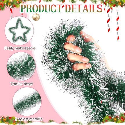 Hotop 164 ft Christmas Frost Tip Tinsel Garland Glitter Silver Edge Metallic Streamers Christmas Tree Hanging Twist Garland Decorations for Indoor and Outdoor Holiday Party Supplies (Green)