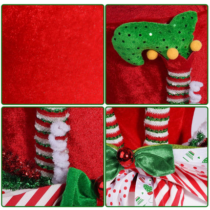 Christmas Tree Hat Topper, Red Velvet Top Hat with Elf Legs and Red & White Stripes Bow Ribbon Ornament, Whimsical Tree Topper Xmas Tree Decor Winter Holidays Home Decorations