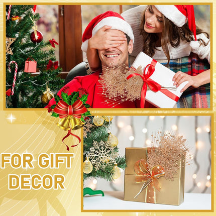 50 Pcs Christmas Glitter Berries Stems Champagne Gold Xmas Artificial Pine Needles 17 Inches Christmas Artificial Picks Fake Branches Twigs Bead Stick for Tree DIY Craft Wreath Vase Fireplace