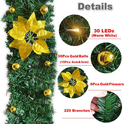9ft Lighted Christmas Garland Artificial Pine Garland with 30 LEDs 6 Flowers and 30 Ball Ornaments Mantle Garland Greenery Garland for Christmas Holiday Party Wedding Home Decor (Gold)