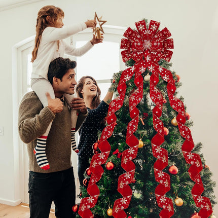 Riceshoot Extra Long Christmas Tree Topper 13 x 53 Inch Large Red Ribbon Topper Bow for Wreath White Snowflake Burlap Bow for Christmas Xmas Tree Decoration Front Door Home Holiday Decor(Christmas)