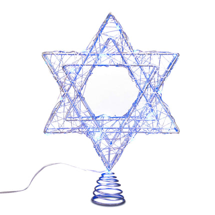Rattan Star of David Chanukah Christmas Tree Topper, with Blue LED String, Wire Weaving, Battery Powered, 7'' Star Tree Topper for Diwali, Birthday, Wedding, Parties & Home