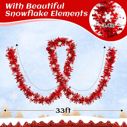 Christmas Tinsel Garland - 33ft Christmas Snowflake Tinsel Garland, Red Christmas Tree Thick Metallic Garland for Indoor Outdoor Porch Window Fireplace Wall Decorations Xmas Party Supplies