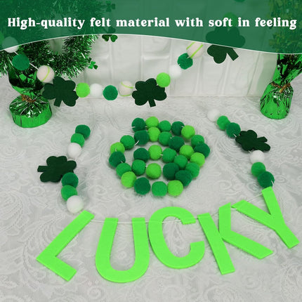 3PCS St Patrick's Day Felt Ball Garlands with Shamrock,Green/Dark Green/White Pom Pom Garland 6.6FT Felt Ball Garland Banner Hanging Decoration,Irish Themed Party Favors for Home Fireplace Mantle