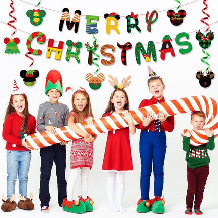 Christmas Mouse Themed Hanging Decoration - Merry Christmas Banner, 20Pcs Foil Swirls, Ceiling Hanging Swirls Letter Banner Garland for Winter Happy Xmas Party Favor Supplies Decor Holiday