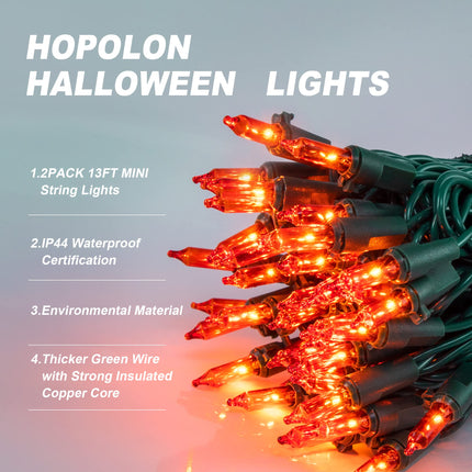 Hopolon Orange Halloween Lights, 2PACK 13ft 50 Orange Lights String,120V UL Orange String Lights, Plug in Green Wire Fall Lights Waterproof for Spooky Thanksgiving Party Decor(2pcs Orange)