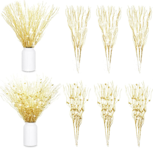 Giegxin 16 Pack Christmas Picks and Sprays, 17 Inches Christmas Berry Stem Branches for Christmas Tree Filler Decorations, Xmas Glittery Twigs Ornaments for Holiday Winter Decor(Champagne)