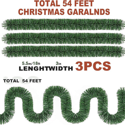 55 Feet Christmas Garland - 3 Stands Artificial Evergreen Garland Soft Greenery Garland Set for DIY Christmas Decoration, Non-Lit Indoor Outdoor Garlands for Stair Railing/Mantle/Holiday/Party Decor