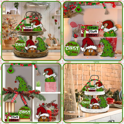 Christmas Tiered Tray Decor, Merry Christmas Tray Decorations, Christmas Tree Max Stink Stank Stunk Wooden Signs Beads Garland, Xmas Holiday Home Decor for Tabletop Shelf Party Mantel
