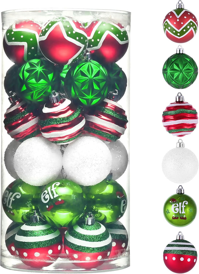 Valery Madelyn Christmas Ornaments Set, 30ct Elf Red Green White Shatterproof Christmas Tree Decorations Set, 2.36 Inch Decorative Hanging Ball Ornaments Bulk for Xmas Holiday Party Indoor Decor