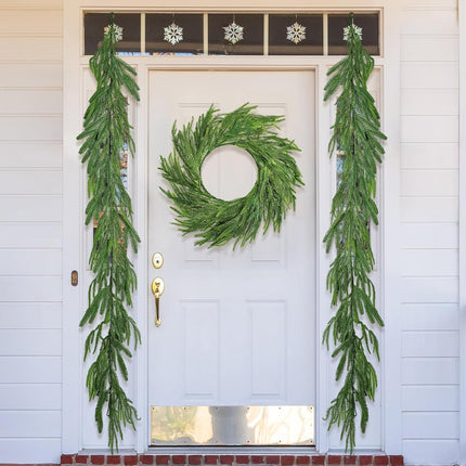 Jutom 3 Pcs 20 Inch Norfolk Pine Wreath and 6 ft Artificial Norfolk Pine Garlands Faux Pine Green Wreath Christmas Greenery Garland Winter Pine Garland for Front Door Porch Fireplace Indoor Outdoor