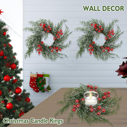 Christmas Candle Rings Wreath Artificial Candle Rings with Red Berry, Snowy Pine Garland Candle Ring Holder for Christmas Decorations Table Centerpiece (6 Pcs)