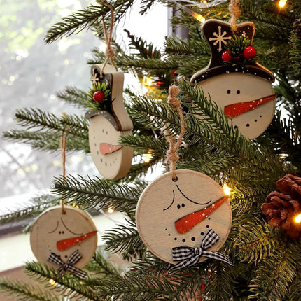 Christmas Decorations Indoor Decor: 12 Pack Rustic Wood Christmas Tree Decorations, Cute Farmhouse Snowman Hanging Ornaments with Plaid Bows Pine Branches for Home Office Fireplaces Garland