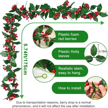 MARTINE MALL Christmas Garland with Red Berry, Artificial Red Berry Greenery Garland, 5.7 FT Red Berries Holly Leaves Christmas Hanging Garlands for Door Garden Stairway Fireplace Christmas Tree Decor