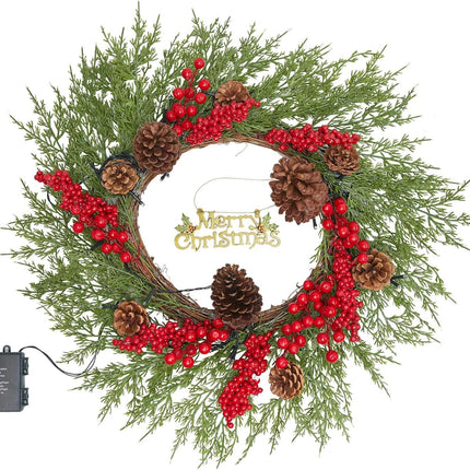 20 Inch Christmas Wreath with 50 Lights Timer (Battery Not Included) Small Christmas Wreaths for Front Door with Pine Cones Berries Christmas Door Wreath Winter Indoor Outdoor Wall Decoration