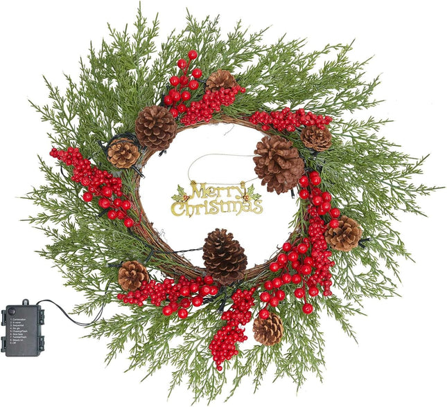 20 Inch Christmas Wreath with 50 Lights Timer (Battery Not Included) Small Christmas Wreaths for Front Door with Pine Cones Berries Christmas Door Wreath Winter Indoor Outdoor Wall Decoration