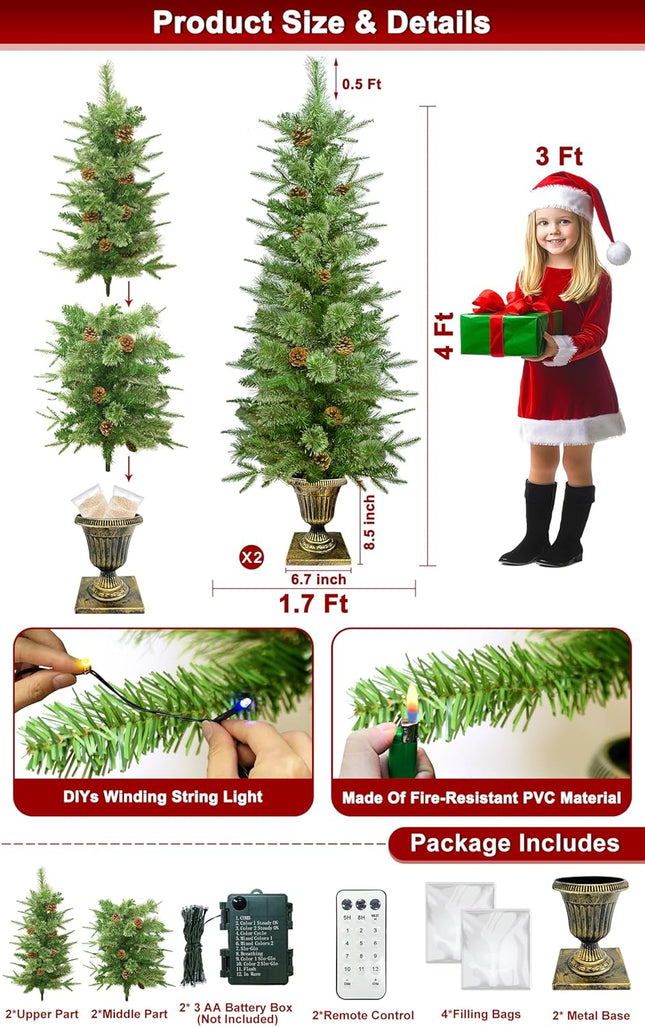 2 Pack 4 Ft Christmas Entrance PE Tree in Gold Pot Base, Douglas Fir Potted Xmas Realistic-Feel Tree with 80 White & Colored Lights, Timer, 12 Modes Battery Powered for Porch Front Door Xmas Decor