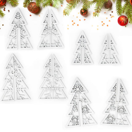 8 Piece Christmas Trees Wooden Table Decorations Centerpiece Holiday Wood White 3D Hallow Carving Tree Tiered Tray Tabletop Sign Decor 4 Sizes for Office Dining Mantle Home Winter Xmas Party Supplies