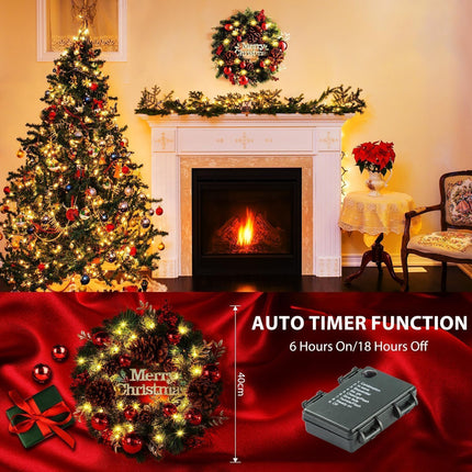 Quntis Merry Christmas Wreath with Lights, 16 Inch Pre-Lit Christmas Front Door Wreath with 8 Modes Timer, Artificial PineCones Red Berries Xmas Red Balls for Indoor Outdoor Fireplace Window Decor