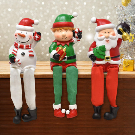 Boutique Christmas Characters Shelf Sitters Santa Snowman Elf Decorations 3 Pack Poly Resin Desk Mantel Table Topper Centerpiece Holiday Sitting Leg Figurines Winter Home Indoor Party Accessories