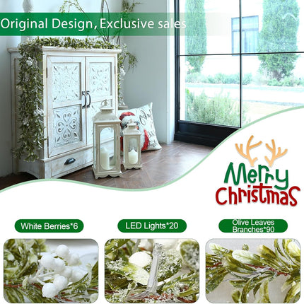 Joyhalo Christmas Garland with Lights Battery Operated - 5.9ft 20 LED White Berry Lighted Christmas Garland, Christmas Decorations Prelit Garland Indoor Outdoor Fireplace, Stair, Railing, Mantle Decor